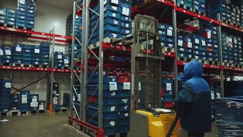 Loader operation in a warehouse, warehouse, storage room Stock Footage 327621483