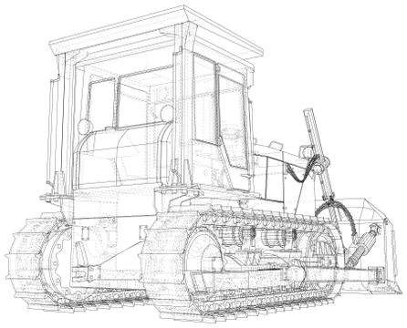 Loader or bulldozer. Excavator Vector illustration. Wire-frame line isolated Illustrazione stock