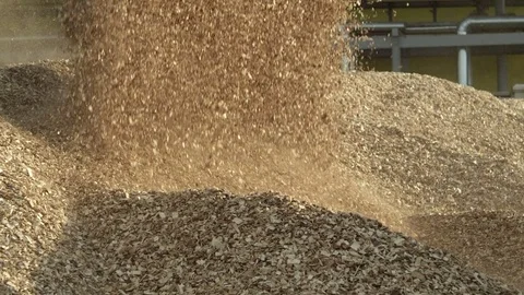 Loader pouring wood chips from its bucket Stock Footage