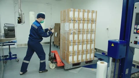 Loader in protective mask and uniform pushing cargo trolley manually at the Stock Footage 200855721