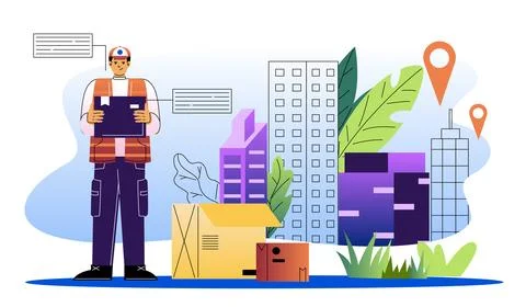 Loader service concept. Man near cardboard boxes and buildings. Transportation Stock Illustration