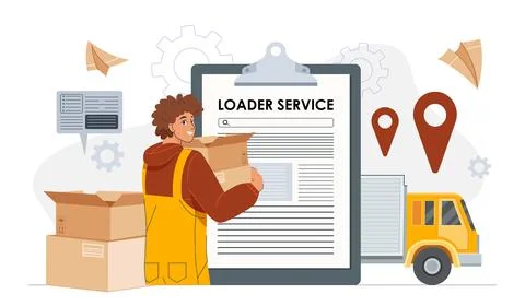 Loader service concept. Man in uniform with cardboard box in hands near truck Stock Illustration