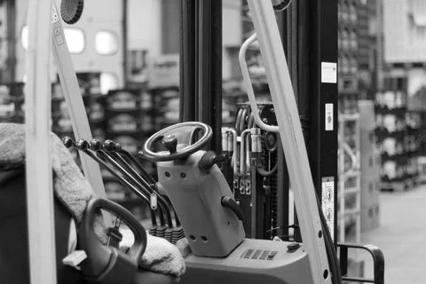 Loader steering with control levers.black and white Stock Photos