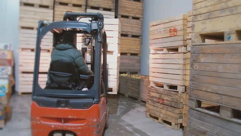 Loader transfers boxes with apples Stock Footage 117663294