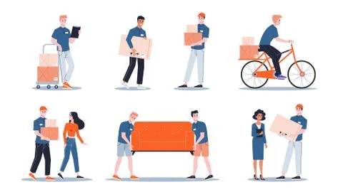 Loader in uniform carrying things set. Delivery man holding Stock Illustration