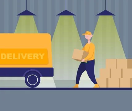 Loader in a warehouse is loading a van. Flat vector color cartoon Stock Illustration