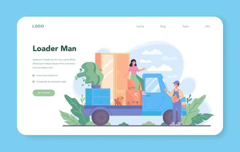 Loader web banner or landing page. Worker in uniform carrying boxes set. Stock Illustration