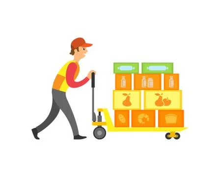 Loader Worker in Supermarket with Boxes Vector Illustrazione stock