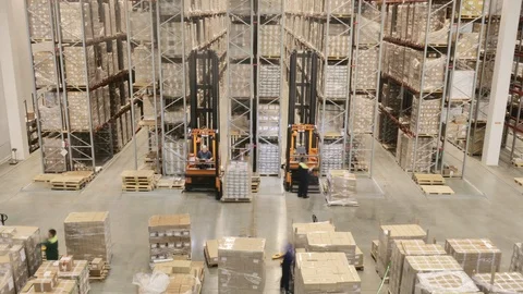 Loaders and forklift transport containers on big modern warehouse, time lapse. Stock Footage