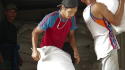 Loaders Handling Sacks With Pepper Stock Footage 61490440