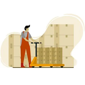 Loaders move pallets with boxes in piles using hand pallet trucks Stock Illustration