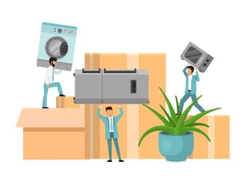Loaders team with cardboard boxes. Movers with household appliances vector 스톡 일러스트