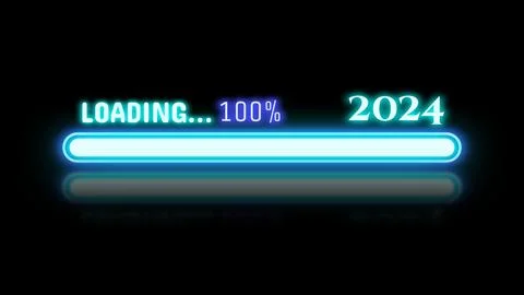 Loading 2024 in bright blue neon light on black background Illustrazione stock