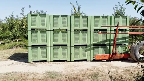 Loading agricultural machine attached to tractor for transporting palox Video stock 306622329