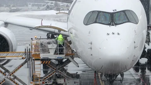 Loading an aircraft using a lift ramp at the snowy Helsinki airport Stock Footage 220169697