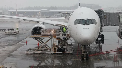Loading an aircraft using a lift ramp at the snowy Helsinki airport Stock Footage 233951406