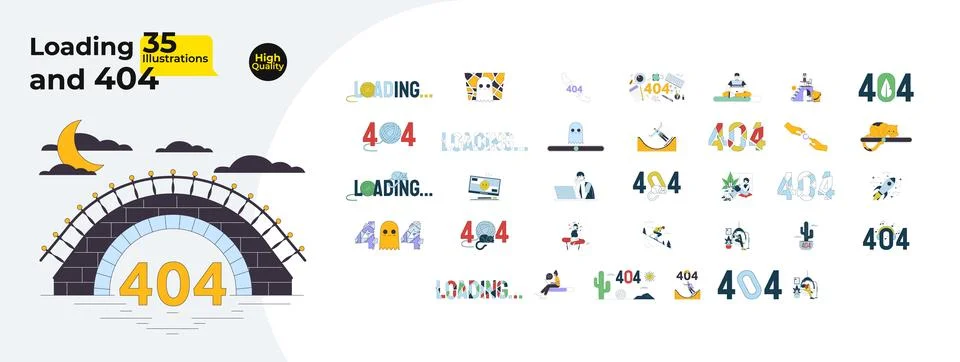 Loading and 404 error cartoon flat illustrations mega bundle Stock Illustration