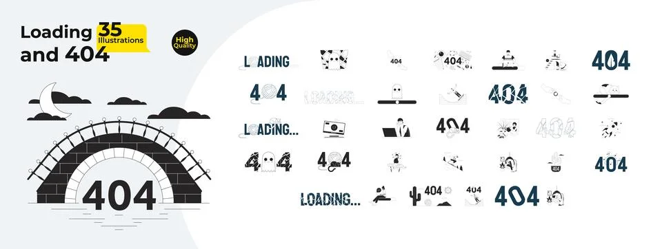 Loading and 404 error outline illustrations mega bundle Stock Illustration