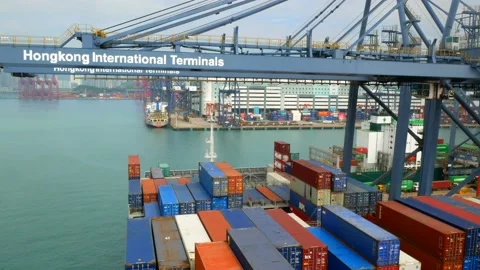 Loading and discharging of ultra large container vessel by gantry crane at Hong Stock Footage 238731761
