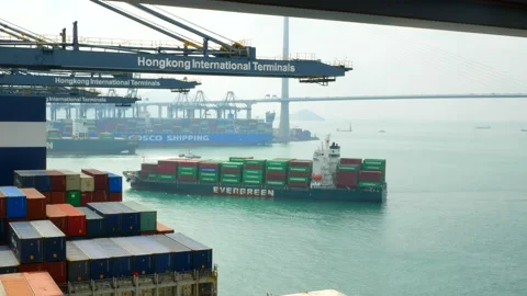 Loading and discharging of ultra large container vessel by gantry crane Stock Footage 238731902