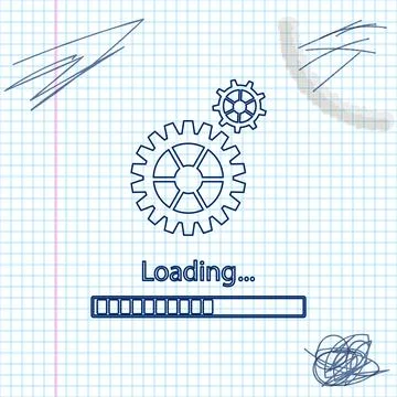 Loading and gear line sketch icon isolated on white background. Progress bar Illustrazione stock