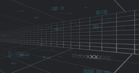 On loading animating turquoise zero drifting through 3D grid corridor, digits Stock Footage 329854814