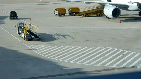 Loading baggage of passengers on a plane at the airport Stock Footage 116013450