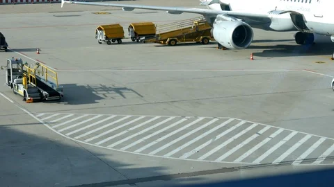 Loading baggage of passengers on a plane at the airport Stock Footage 116235470
