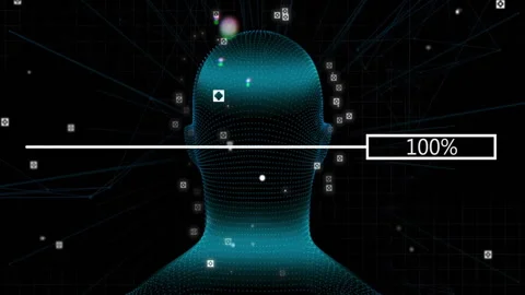 Loading bar advancing triggers wireframe head rotating front to back while nodes Stock Footage 312361437