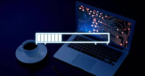 Loading bar animation over laptop with circuit board display and coffee cup Stock Footage 304767431