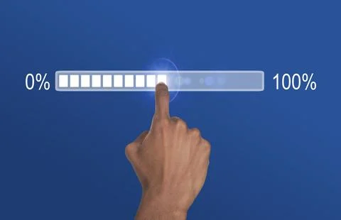 Loading bar completion concept. Hand of African American man pointing from 0  Stock Photos