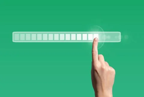Loading bar digital concept. Female hand touching screen symbolizing tech Stock Photos