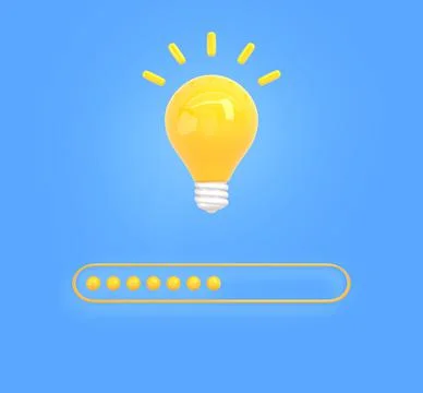Loading bar icon with glowing light bulb on blue background. Concept of creative Illustrazione stock