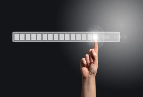 Loading bar interface. Female hand touching digital screen in cyberspace, s.. Stock Photos