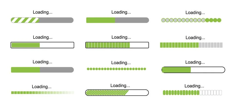 Loading bar progress icons, load sign green vector illustration. System software 스톡 일러스트