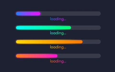 Loading bar set. Color gradient lines on dark backdrop. Progress visualization Illustrazione stock