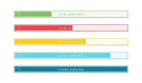 Loading bar set with icons. Color gradient lines on white backdrop. progress  Illustrazione stock