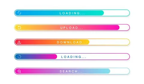 Loading bar set with icons. Color gradient lines on white backdrop. progress  Illustrazione stock