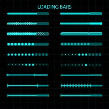 A loading bar. A set of LED, luminescent loading indicators. Graphic display. Stock Illustration