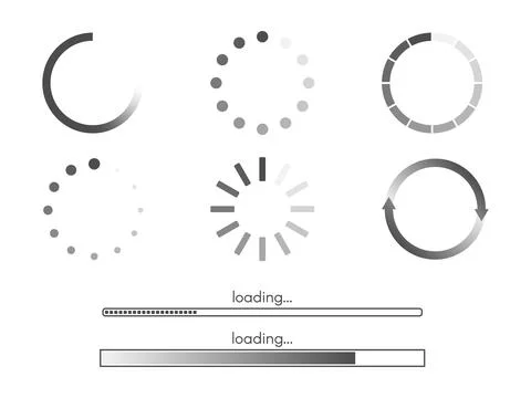 Loading bar set on white backdrop. Progress round icons. Circle and line Stock-Illustration