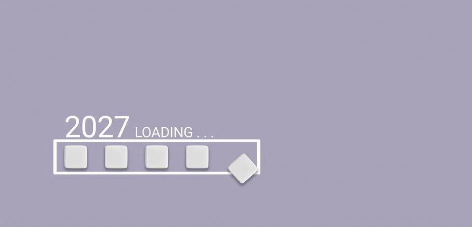 Loading bar with text 2027 loading and sugar cubes on Purple fabric texture b Stock Photos