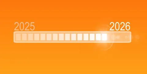 Loading bar update. Digital interface symbolizing 2025 to 2026 transition, da Stock Illustration