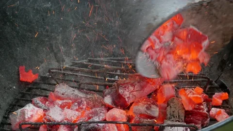 Loading the barbecue with embers Stockbeeldmateriaal 238372469