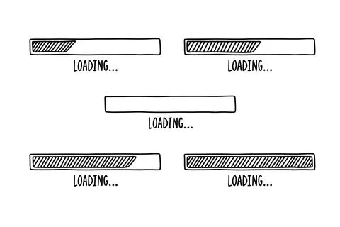 Loading bars drawn hand. Set outline doodle bars with different percent. Cartoon Stock Illustration
