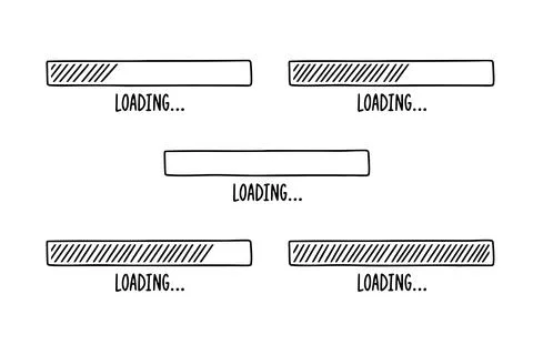 Loading bars drawn hand. Set outline doodle bars with different percent. Cartoon Stock Illustration