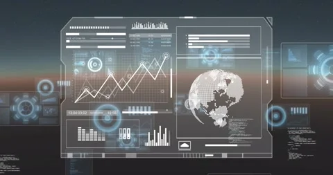 Loading bars filling, UI panel animating line graph, rotating globe, adding bar Stock Footage 317207023