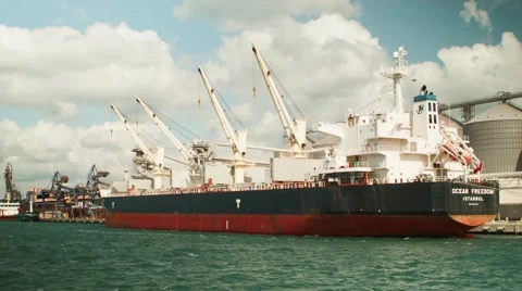 Loading big ship with grain in port Uzhniy Stock Footage 64126846