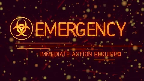 Loading biohazard icon emerging, EMERGENCY text animating, signaling immediate Stock Footage 317369541