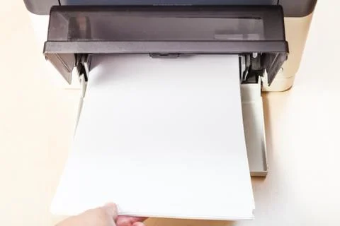 Loading of blank paper sheets in printer tray Stock Photos