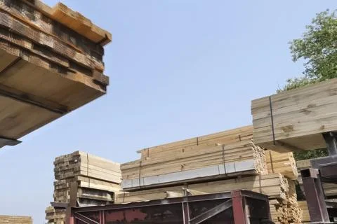 Loading boards for storage on territory of the sawmill Stock Photos